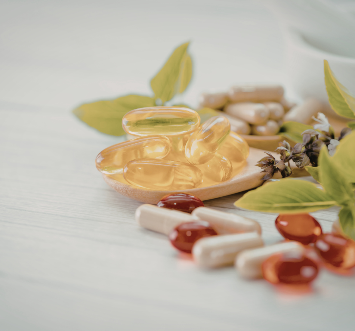 Suplementos naturais em cápsulas e softgels sobre superfície clara, representando suplementação e tempo de absorção no organismo