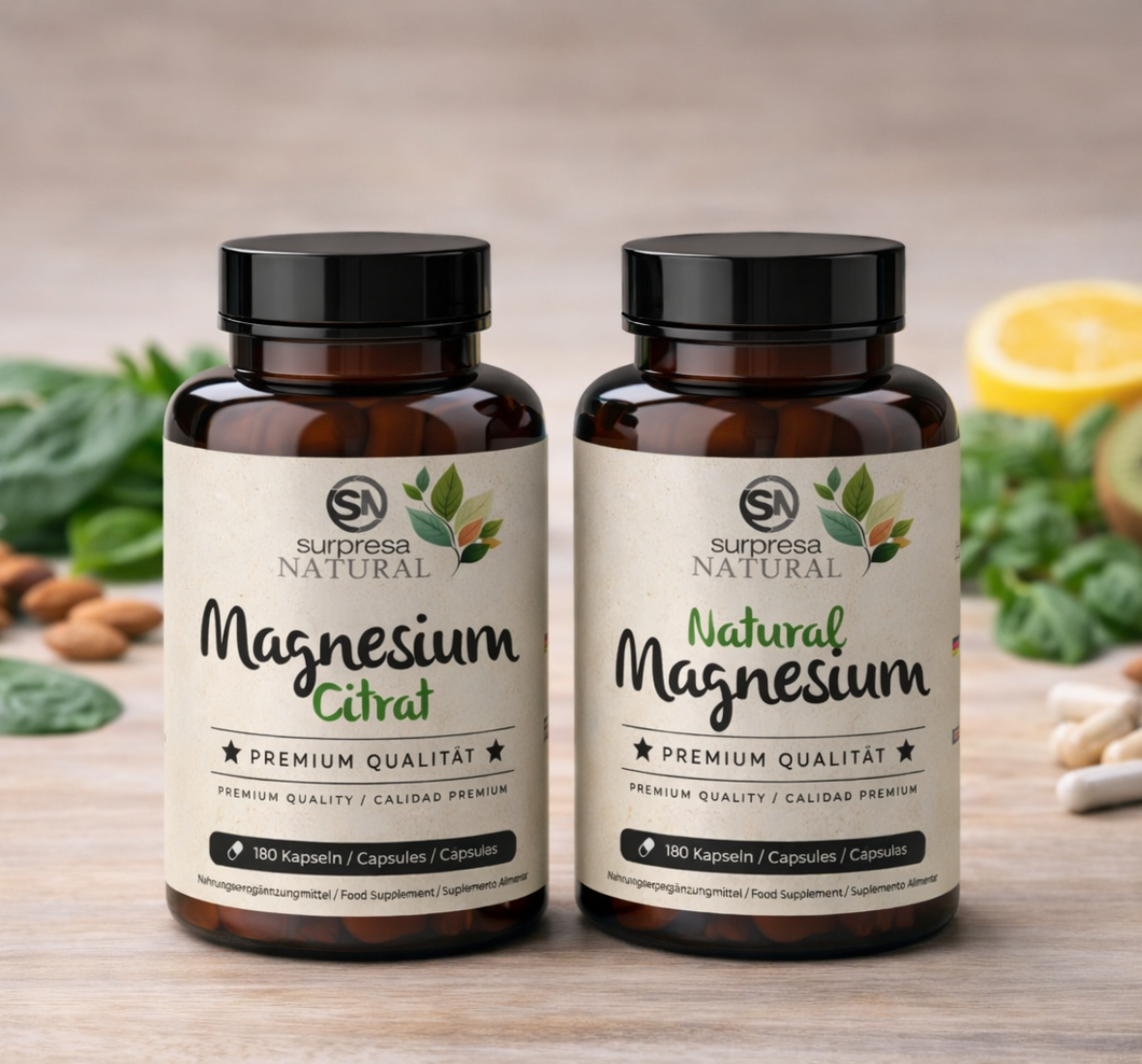 Suplementos de magnésio citrato e magnésio natural da Surpresa Natural sobre fundo claro com alimentos naturais