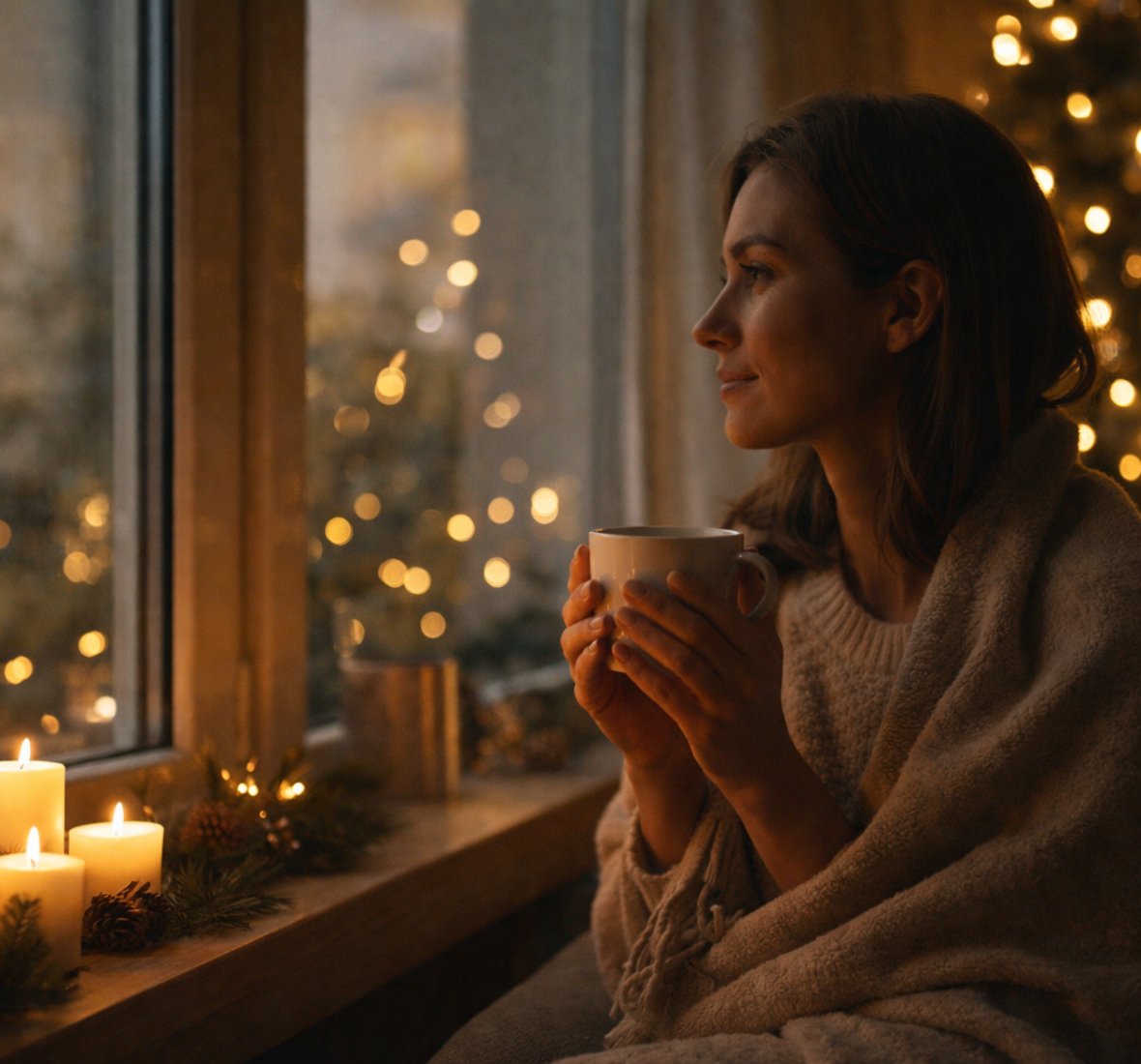 Mulher em ambiente acolhedor de Natal, com manta e chá quente, a refletir junto à janela iluminada por velas e luzes natalícias.