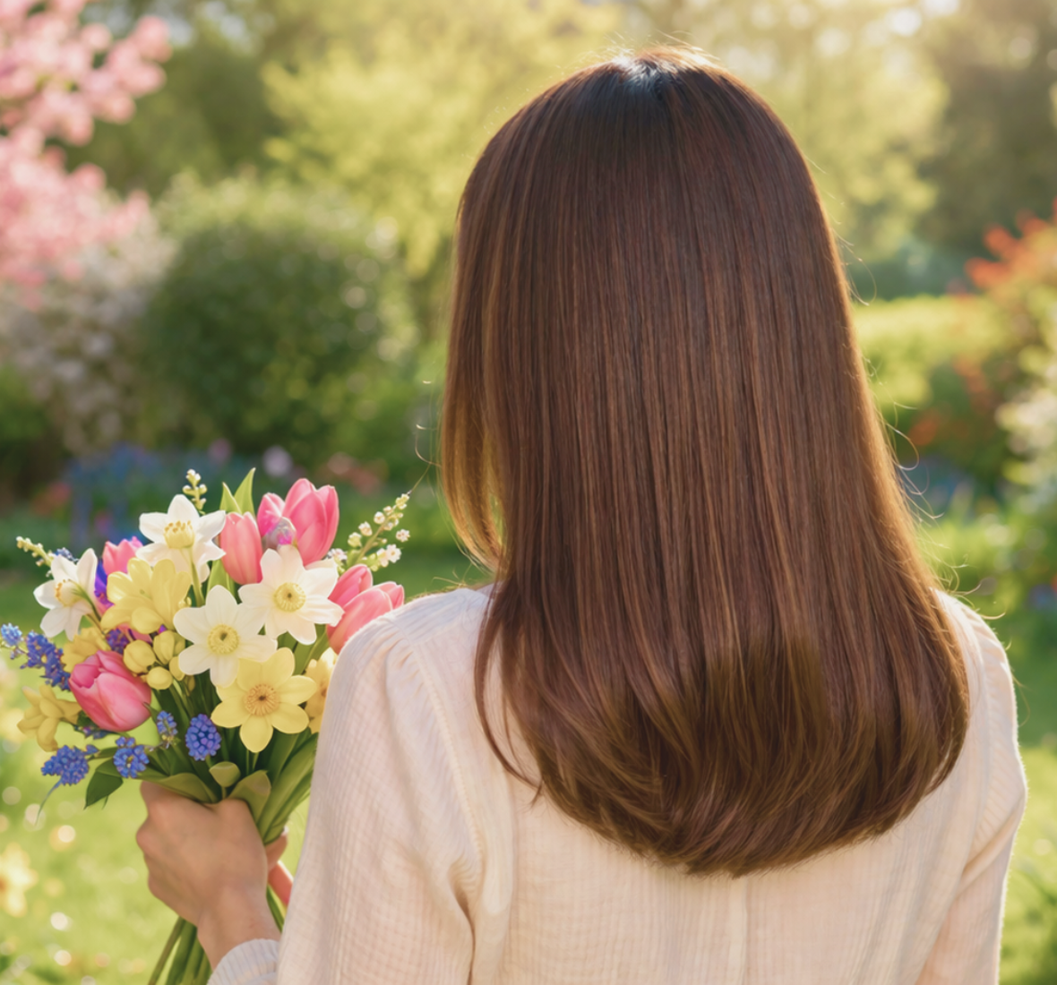 Mulher de costas com cabelo castanho médio e liso, segurando flores de primavera num jardim florido e luminoso.