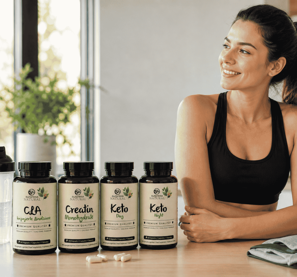 Suplementos para definir o corpo antes do verão CLA creatina Keto Day e Keto Night com mulher em rotina fitness