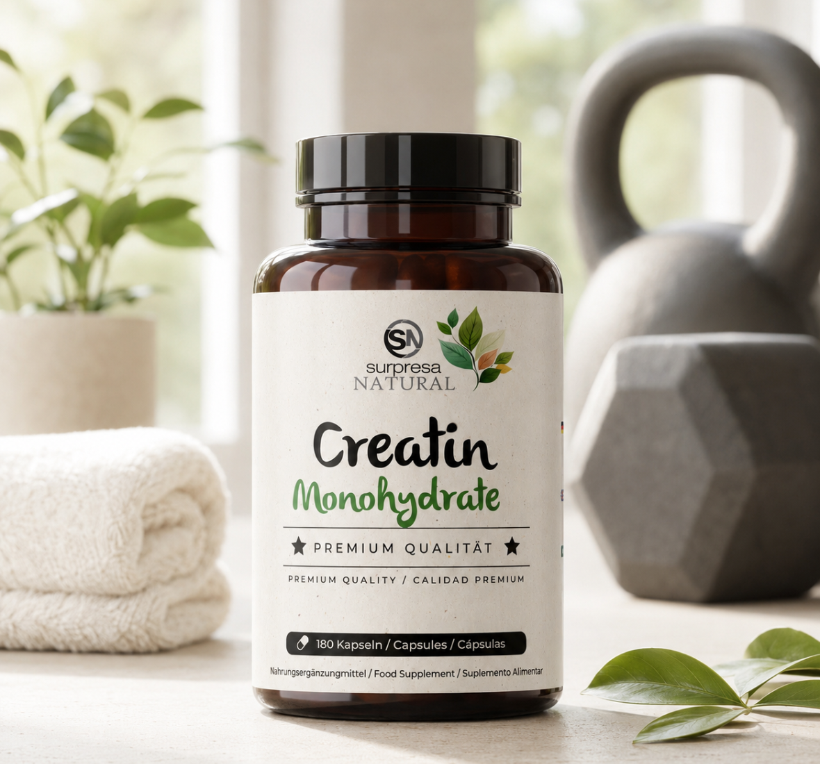 Frasco de Creatina Monohydrate Surpresa Natural em ambiente claro e natural, junto a acessórios de treino, associado a força muscular, desempenho físico e definição corporal.