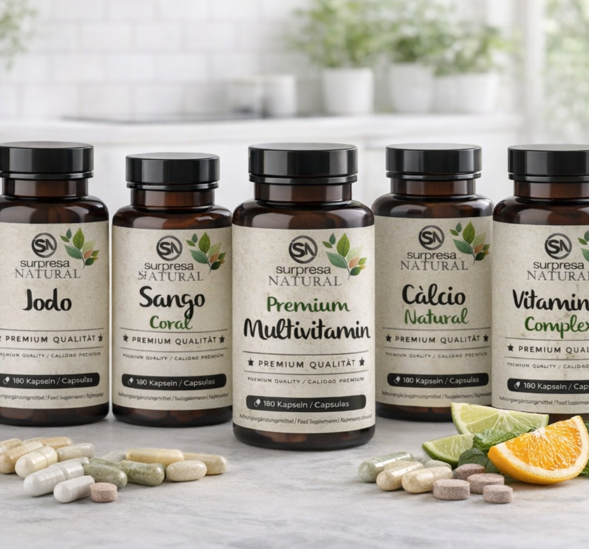 Suplementos de vitaminas e minerais da Surpresa Natural dispostos numa bancada de cozinha luminosa