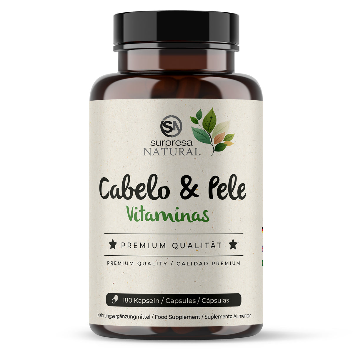 Frasco do suplemento Cabelo e Pele da Surpresa Natural com biotina, zinco, cobre e L-cisteína