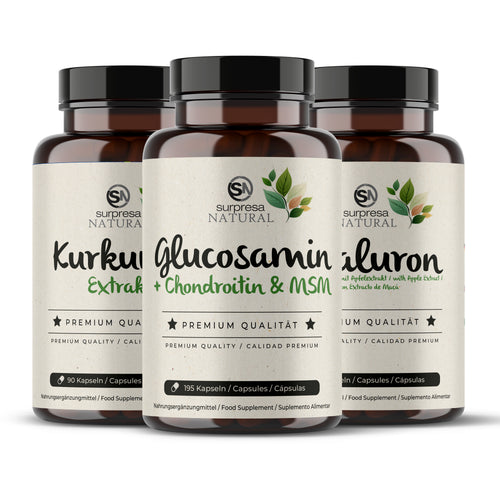 Pack articulações da Surpresa Natural com glucosamina, curcuma e ácido hialurónico