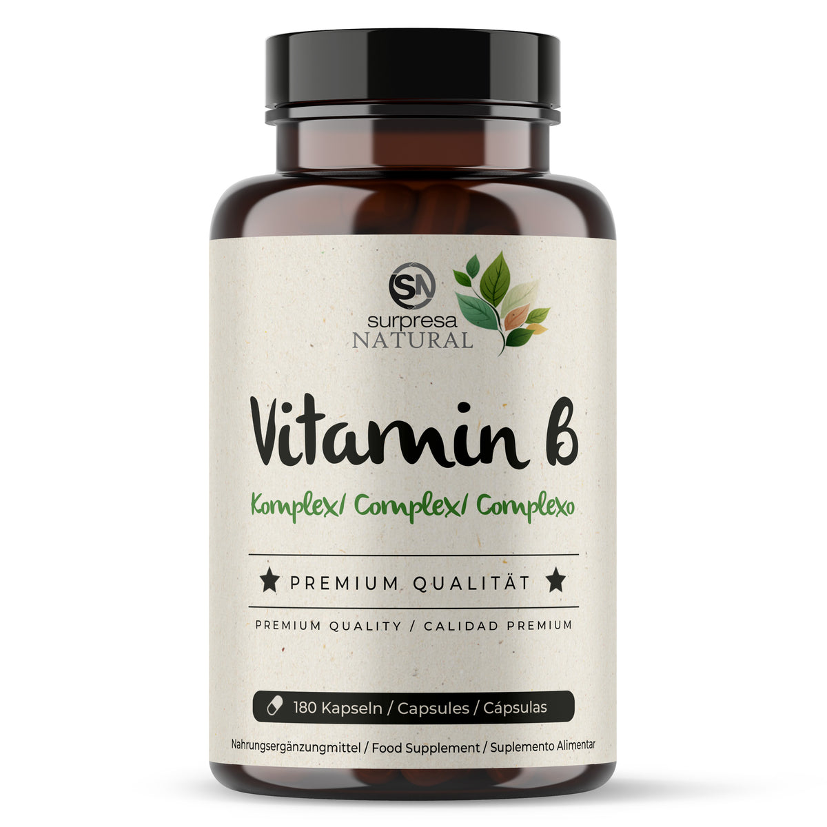 Vitaminas B Complexo da Surpresa Natural, frasco individual de suplemento alimentar