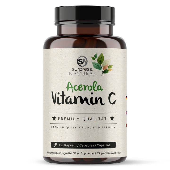 Frasco de suplemento natural de Vitamina C Acerola da Surpresa Natural para reforço imunitário e ação antioxidante.