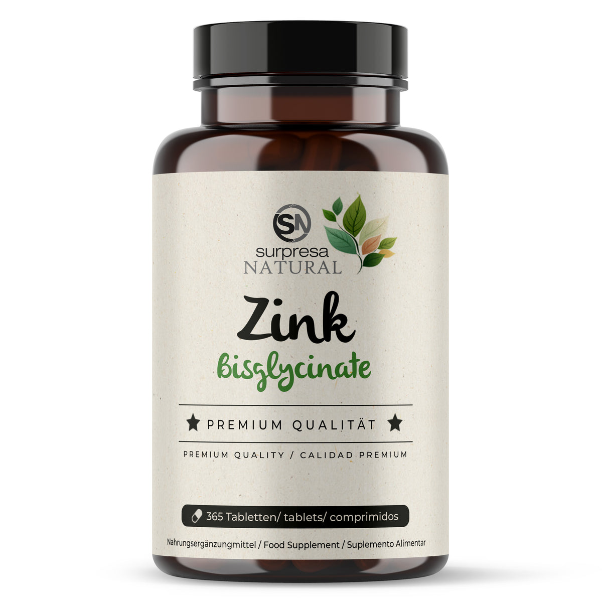 Zinco bisglicinato Surpresa Natural em frasco com 365 comprimidos, suplemento alimentar para apoio ao sistema imunitário.